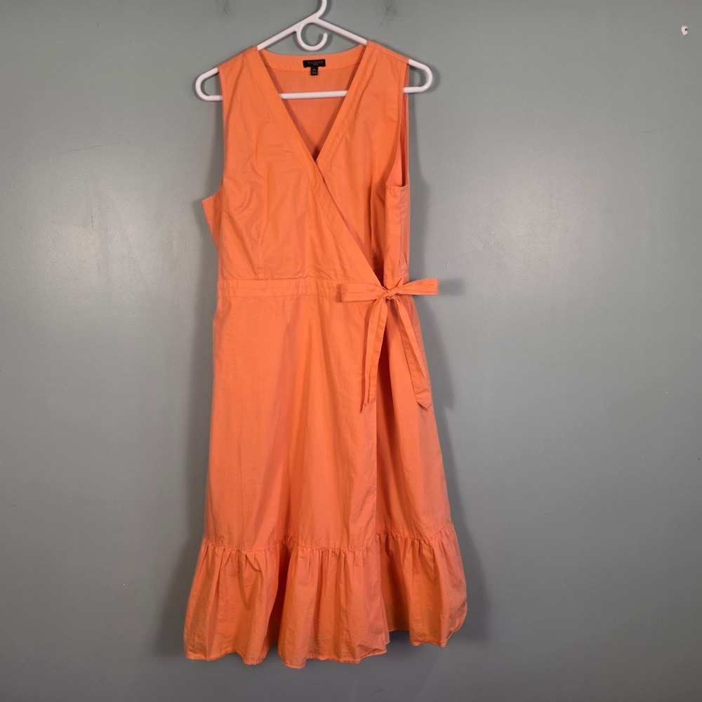 Talbots Petite Peach Cotton Wrap Dress Sleeveless Ruffle Hem Midi 14P VN5084